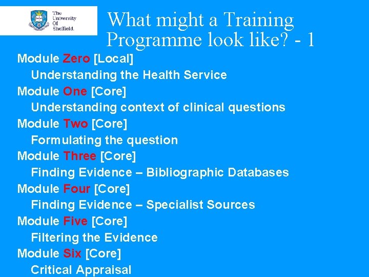 What might a Training Programme look like? - 1 Module Zero [Local] Understanding the