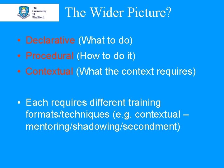 The Wider Picture? • Declarative (What to do) • Procedural (How to do it)