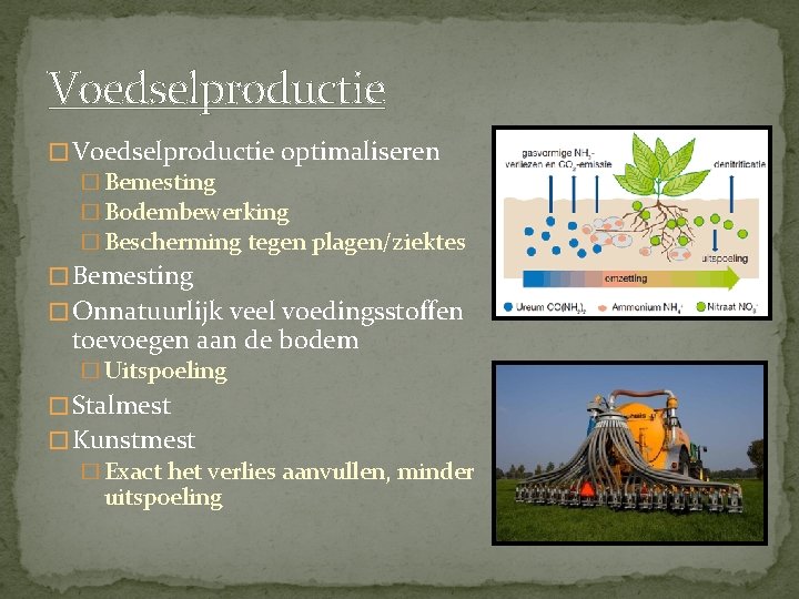 Voedselproductie � Voedselproductie optimaliseren � Bemesting � Bodembewerking � Bescherming tegen plagen/ziektes � Bemesting
