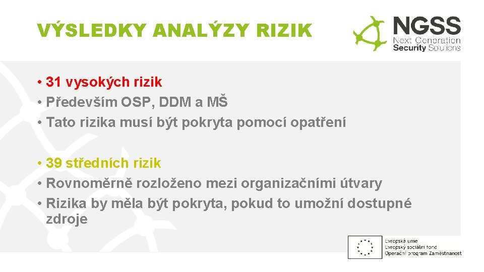 VÝSLEDKY ANALÝZY RIZIK • 31 vysokých rizik • Především OSP, DDM a MŠ •