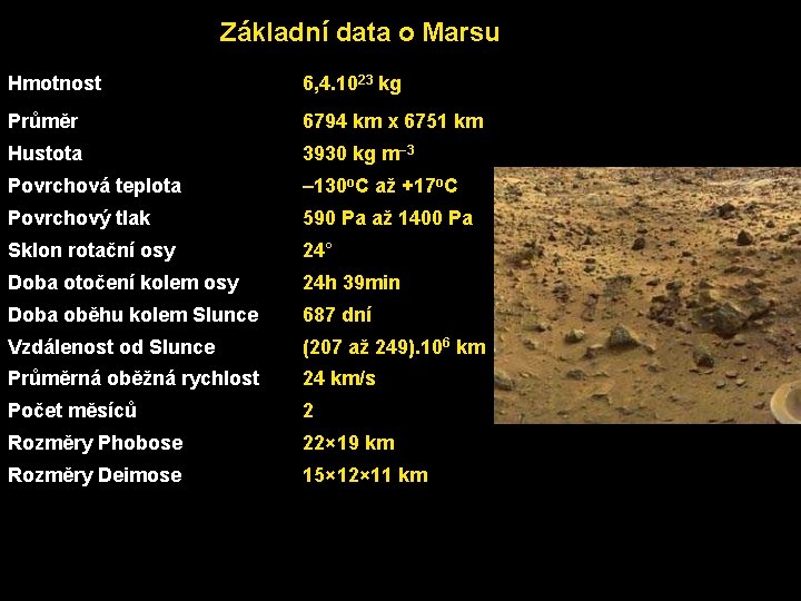 Základní data o Marsu Hmotnost 6, 4. 1023 kg Průměr 6794 km x 6751