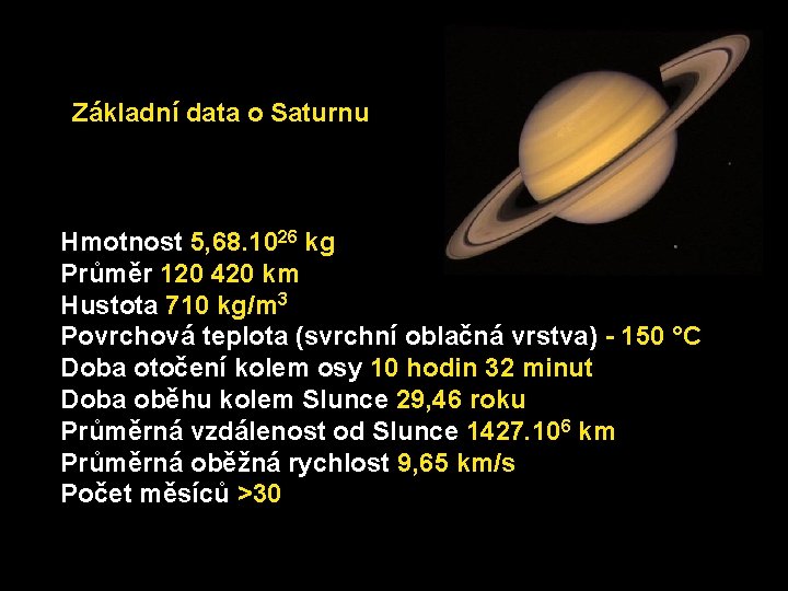 Základní data o Saturnu Hmotnost 5, 68. 1026 kg Průměr 120 420 km Hustota