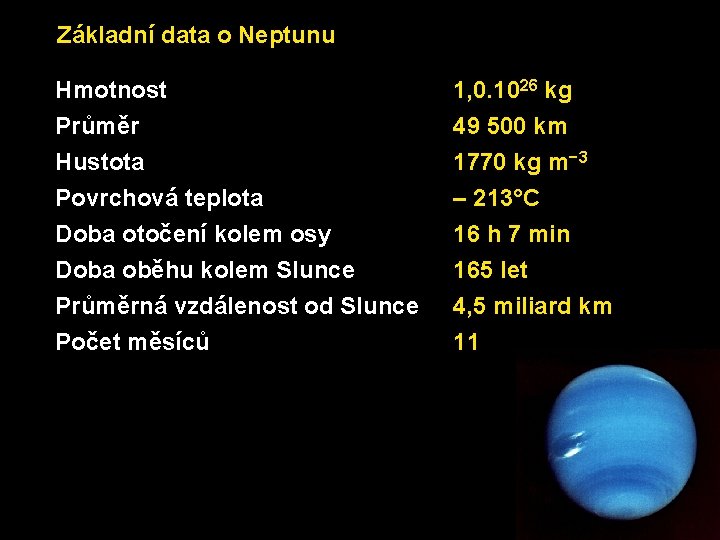 Základní data o Neptunu Hmotnost Průměr Hustota Povrchová teplota 1, 0. 1026 kg 49