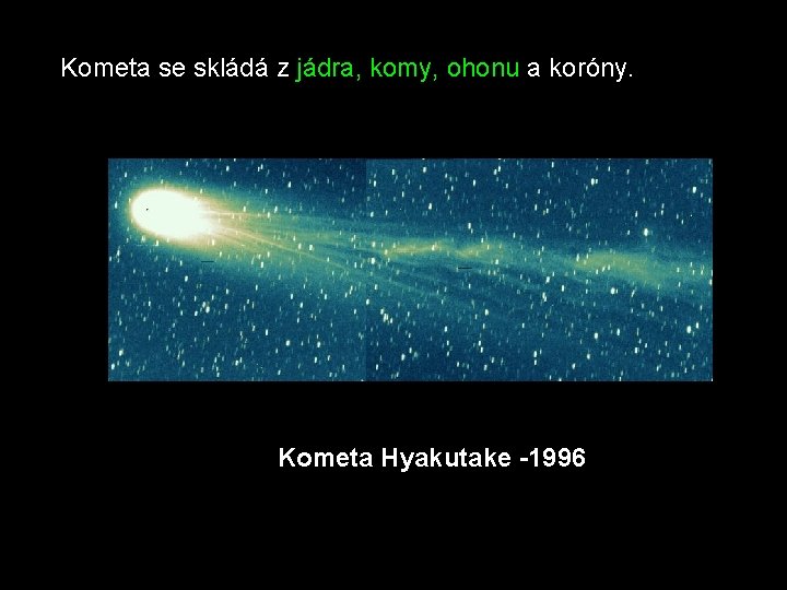 Kometa se skládá z jádra, komy, ohonu a koróny. Kometa Hyakutake -1996 