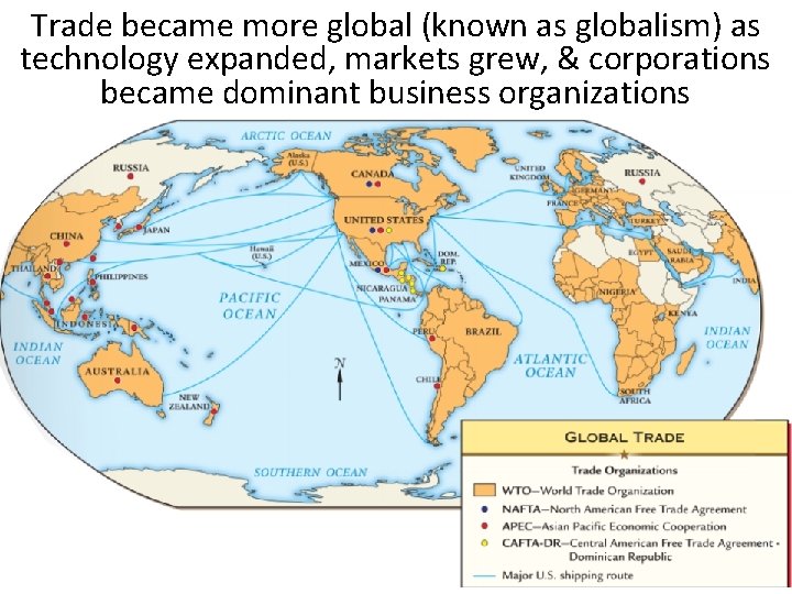 Trade became more global (known as globalism) as technology expanded, markets grew, & corporations
