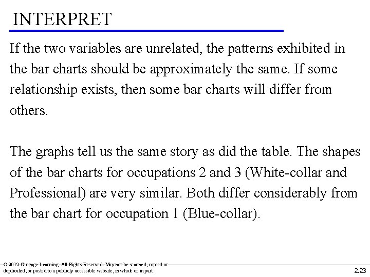 INTERPRET If the two variables are unrelated, the patterns exhibited in the bar charts INTERPRET If the two variables are unrelated, the patterns exhibited in the bar charts