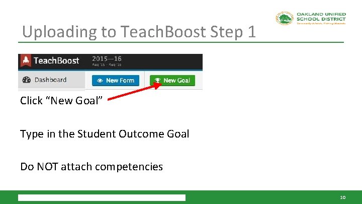 Uploading to Teach. Boost Step 1 Click “New Goal” Type in the Student Outcome