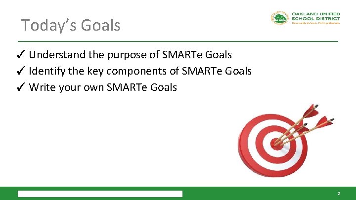 Today’s Goals ✓ Understand the purpose of SMARTe Goals ✓ Identify the key components