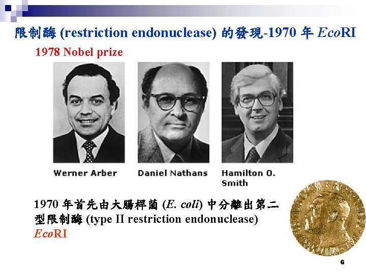 限制酶 (restriction endonuclease) 的發現-1970 年 Eco. RI 1978 Nobel prize 1970 年首先由大腸桿菌 (E. coli)