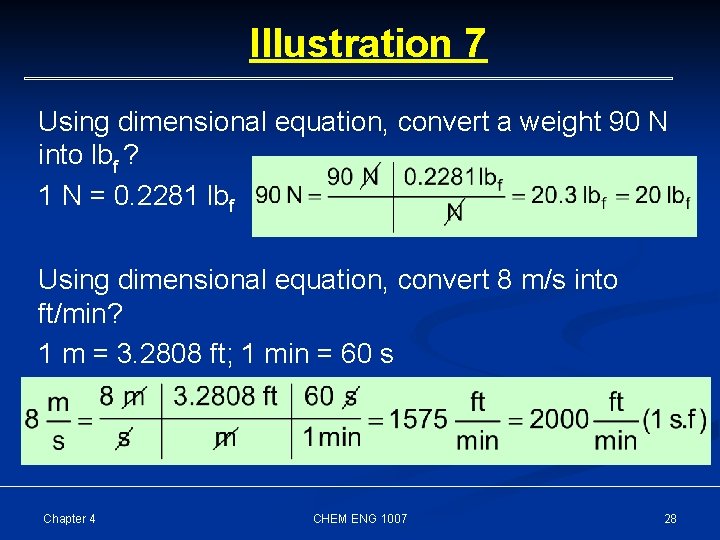 Illustration 7 Using dimensional equation, convert a weight 90 N into lbf ? 1