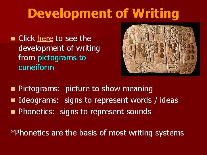 Development of Writing n Click here to see the development of writing from pictograms