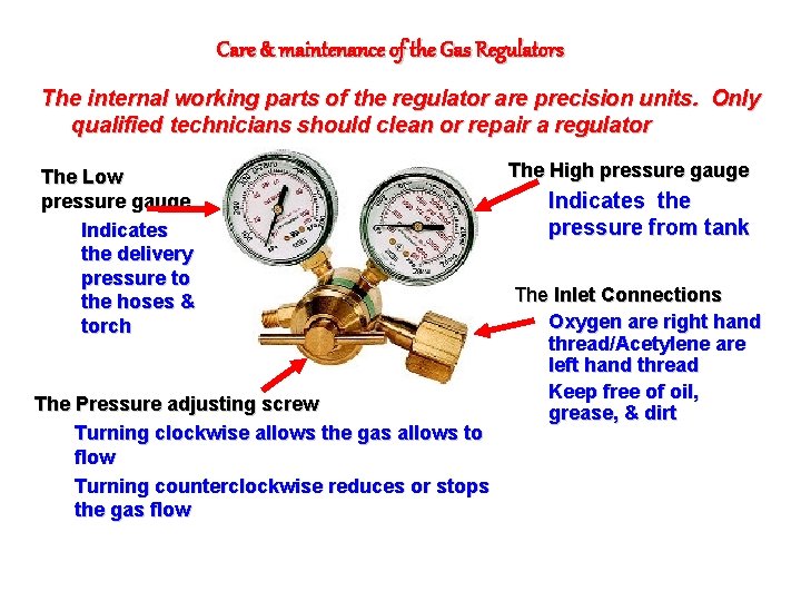 Care & maintenance of the Gas Regulators The internal working parts of the regulator