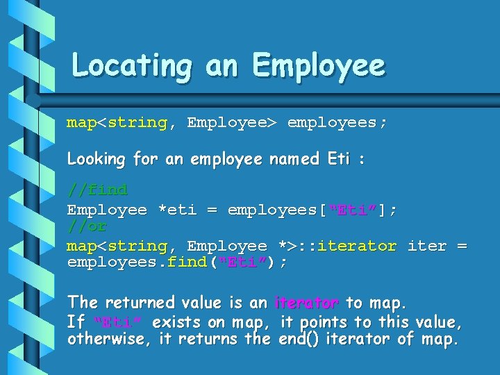 Locating an Employee map<string, Employee> employees; Looking for an employee named Eti : //find