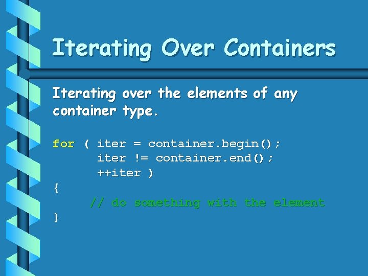 Iterating Over Containers Iterating over the elements of any container type. for ( iter