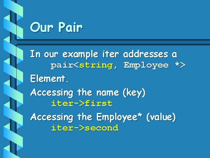 Our Pair In our example iter addresses a pair<string, Employee *> Element. Accessing the