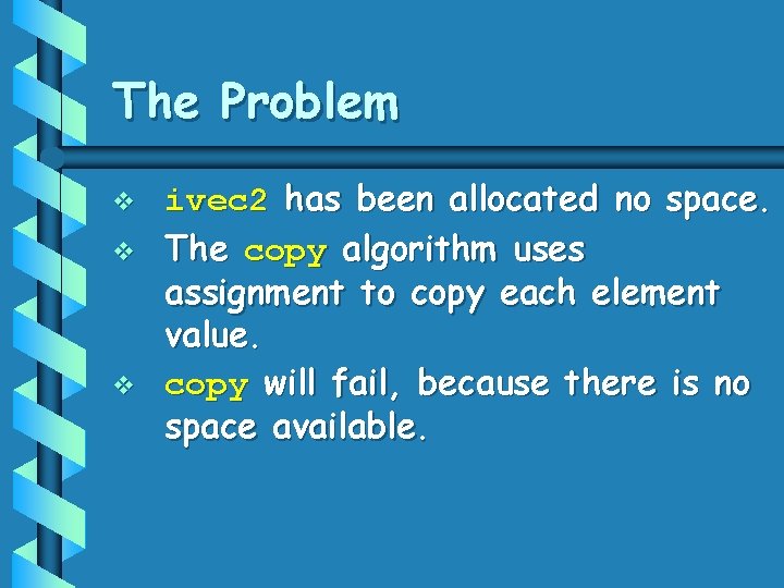 The Problem v v v ivec 2 has been allocated no space. The copy