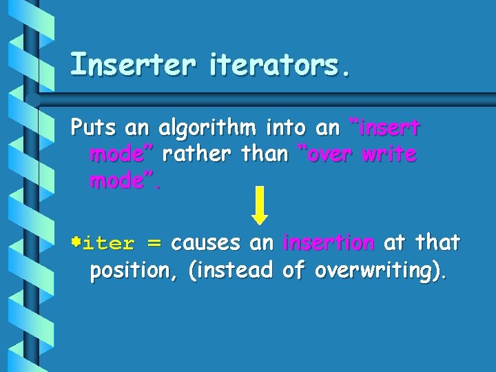 Inserter iterators. Puts an algorithm into an “insert mode” rather than “over write mode”.