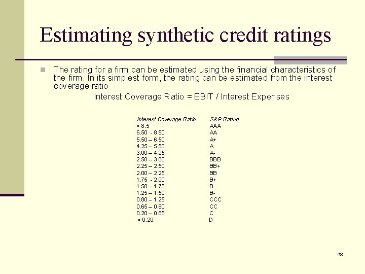 Estimating synthetic credit ratings n The rating for a firm can be estimated using