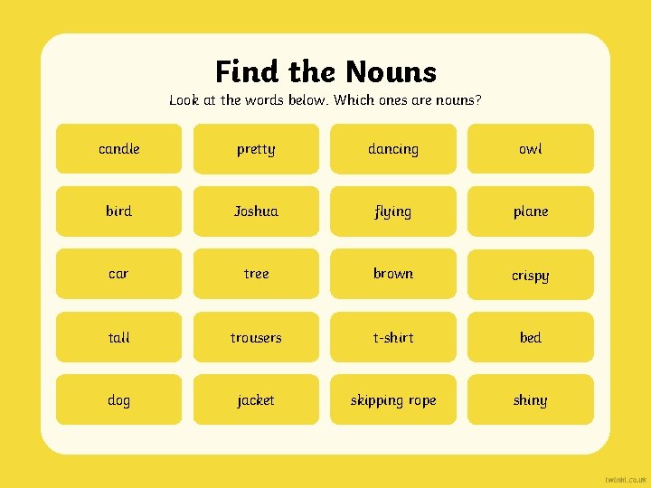Find the Nouns Look at the words below. Which ones are nouns? candle pretty