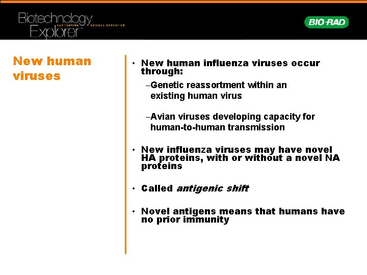 New human viruses • New human influenza viruses occur through: –Genetic reassortment within an
