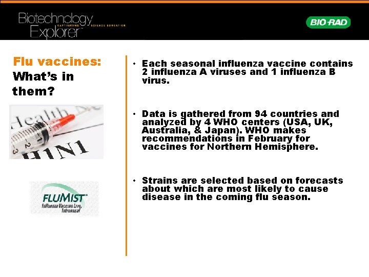 Flu vaccines: What’s in them? • Each seasonal influenza vaccine contains 2 influenza A