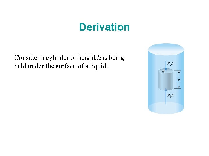 Derivation Consider a cylinder of height h is being held under the surface of Derivation Consider a cylinder of height h is being held under the surface of