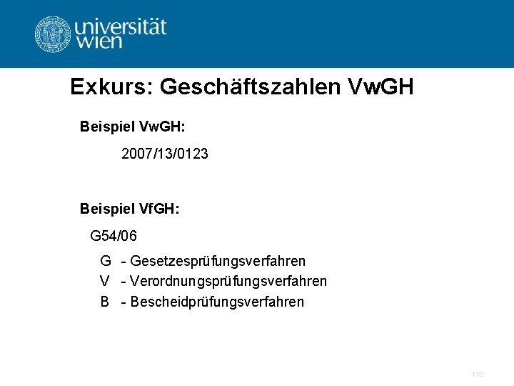 Exkurs: Geschäftszahlen Vw. GH Beispiel Vw. GH: 2007/13/0123 Beispiel Vf. GH: G 54/06 G