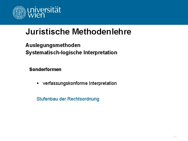 Juristische Methodenlehre Auslegungsmethoden Systematisch-logische Interpretation Sonderformen § verfassungskonforme Interpretation Stufenbau der Rechtsordnung 51 