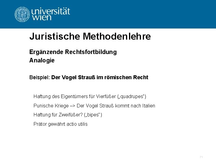 Juristische Methodenlehre Ergänzende Rechtsfortbildung Analogie Beispiel: Der Vogel Strauß im römischen Recht Haftung des