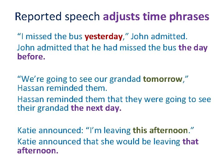 Reported speech adjusts time phrases “I missed the bus yesterday, ” John admitted that