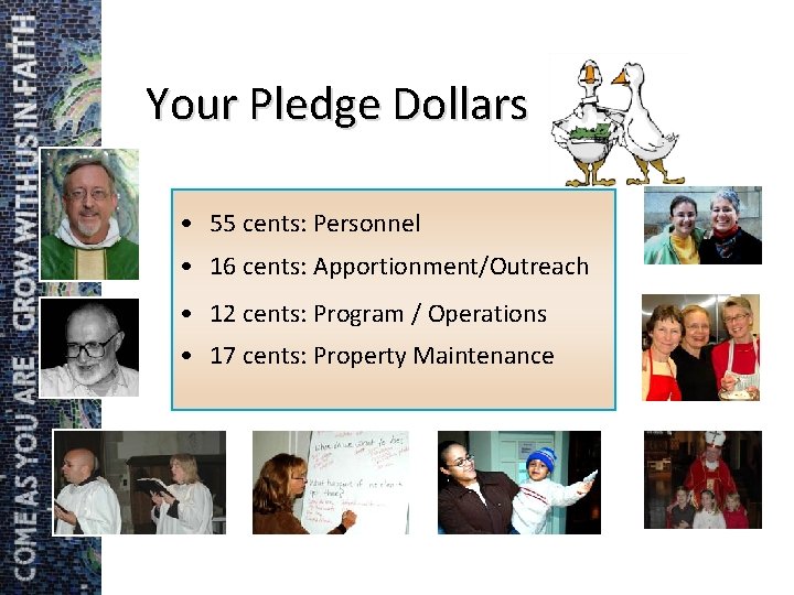 Your Pledge Dollars • 55 cents: Personnel • 16 cents: Apportionment/Outreach • 12 cents: