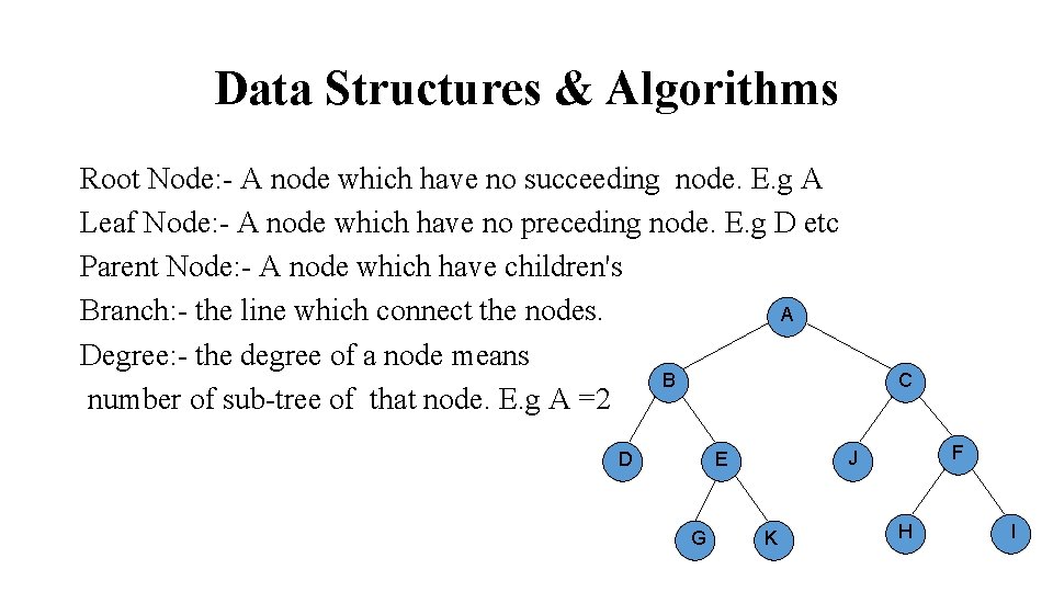 Data Structures & Algorithms Root Node: - A node which have no succeeding node.