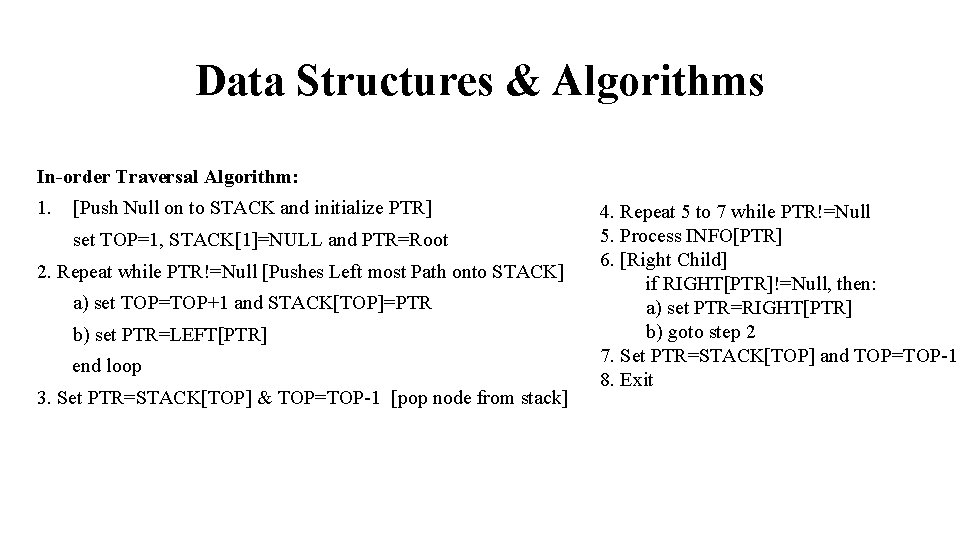 Data Structures & Algorithms In-order Traversal Algorithm: 1. [Push Null on to STACK and