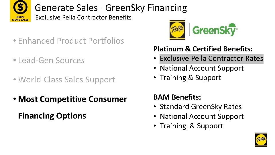 Generate Sales– Green. Sky Financing Exclusive Pella Contractor Benefits • Enhanced Product Portfolios •