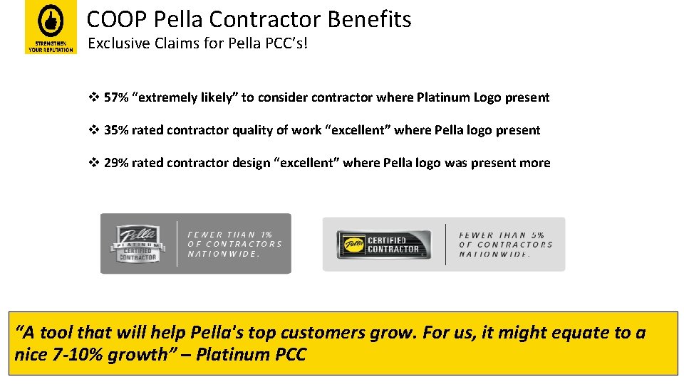 COOP Pella Contractor Benefits Exclusive Claims for Pella PCC’s! v 57% “extremely likely” to