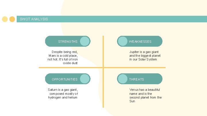 SWOT ANALYSIS STRENGTHS Despite being red, Mars is a cold place, not hot. It’s