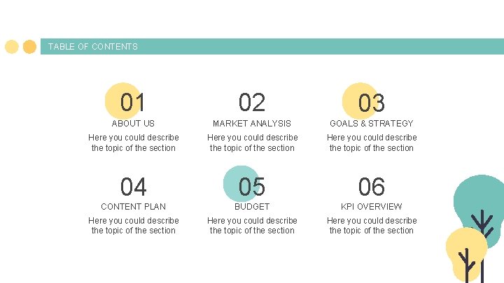 TABLE OF CONTENTS 01 02 03 ABOUT US MARKET ANALYSIS GOALS & STRATEGY Here