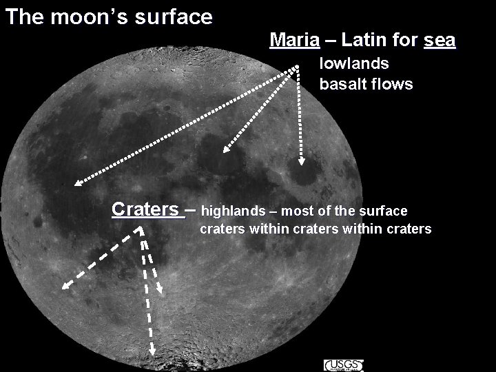 The moon’s surface Maria – Latin for sea lowlands basalt flows Craters – highlands