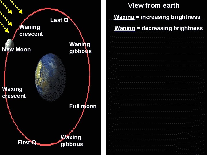 View from earth Waxing = increasing brightness Last Q Waning crescent New Moon Waning