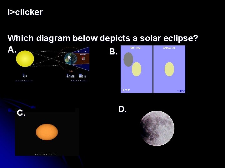 I>clicker Which diagram below depicts a solar eclipse? A. B. C. D. 