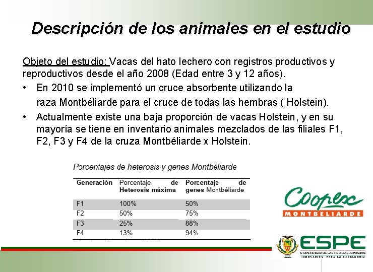 Descripción de los animales en el estudio Objeto del estudio: Vacas del hato lechero