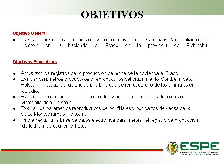 OBJETIVOS Objetivo General Evaluar parámetros productivos y reproductivos de las cruzas Montbéliarde con Holstein