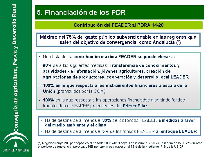 Consejería de Agricultura, Pesca y Desarrollo Rural 5. Financiación de los PDR Contribución del Consejería de Agricultura, Pesca y Desarrollo Rural 5. Financiación de los PDR Contribución del