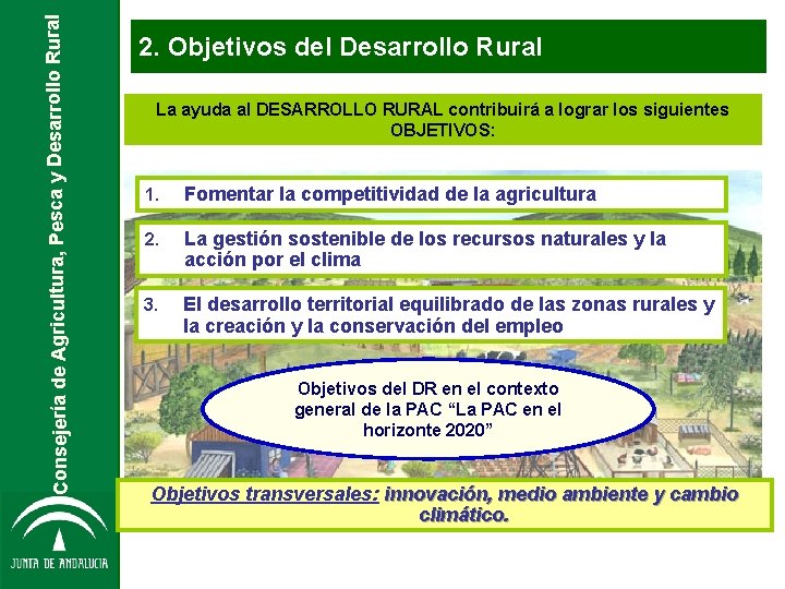Consejería de Agricultura, Pesca y Desarrollo Rural 2. Objetivos del Desarrollo Rural La ayuda Consejería de Agricultura, Pesca y Desarrollo Rural 2. Objetivos del Desarrollo Rural La ayuda