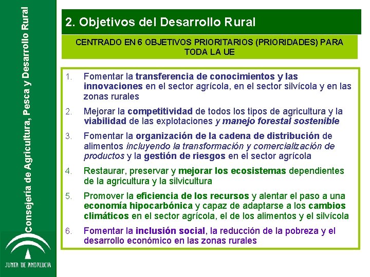 Consejería de Agricultura, Pesca y Desarrollo Rural 2. Objetivos del Desarrollo Rural CENTRADO EN Consejería de Agricultura, Pesca y Desarrollo Rural 2. Objetivos del Desarrollo Rural CENTRADO EN