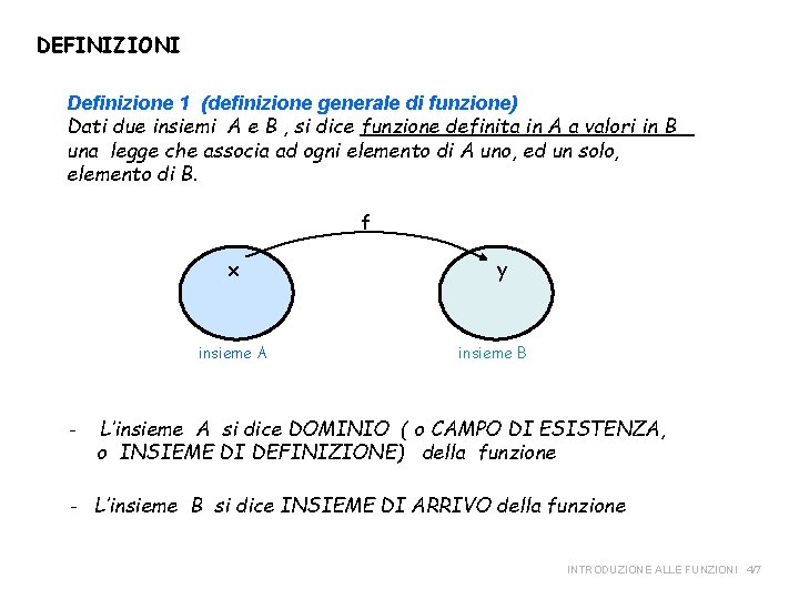 DEFINIZIONI Definizione 1 (definizione generale di funzione) Dati due insiemi A e B ,