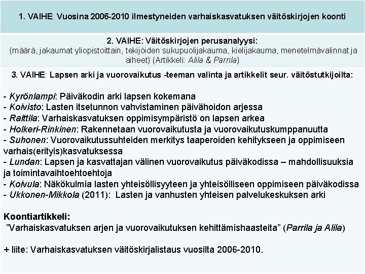 1. VAIHE: Vuosina 2006 -2010 ilmestyneiden varhaiskasvatuksen väitöskirjojen koonti 2. VAIHE: Väitöskirjojen perusanalyysi: -