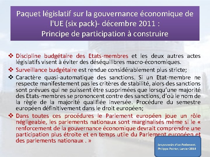 Paquet législatif sur la gouvernance économique de l'UE (six pack)- décembre 2011 : Principe