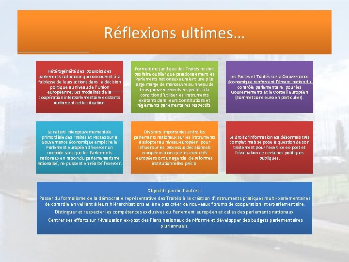 Réflexions ultimes… Hétérogénéité des pouvoirs des parlements nationaux qui concourent à la faiblesse de