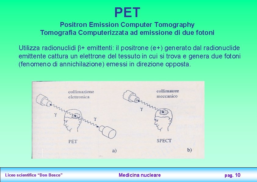 PET Positron Emission Computer Tomography Tomografia Computerizzata ad emissione di due fotoni Utilizza radionuclidi